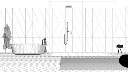 Blueprint project draft, spacious bathroom with herringbone parquet floor, walk-in shower and freestanding tub, carpet with pouf, bathrobe and towels, minimalist interior design
