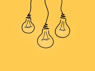 Three hanging black light bulbs on wires, hand drawn