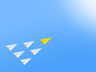 Leadership concept with red paper plane leading among white on blue background