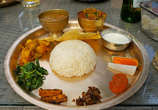 Traditional Nepali Thali Set in the restaurant in Kathmandu, Nepal