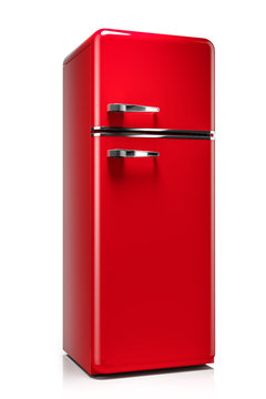 Classic red retro kitchen fridge isolated on white background