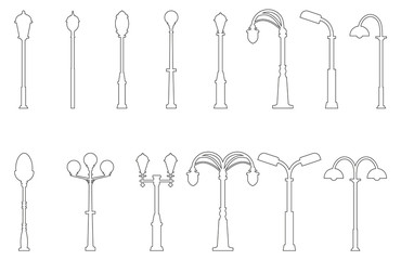 Set of outline street light silhouettes isolated on white background. Vintage street lights. Elements for landscape construction. Vector illustration for any design.