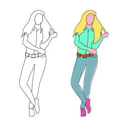 young girl with long hair in jeans is standing. Vector illustration in pop art style
