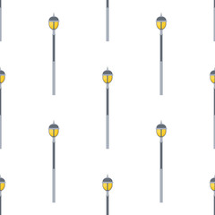 Seamless pattern with street lights cartoon isolated on white background. Modern and vintage street light. Elements for landscape construction. Vector illustration for design, web, wrapping paper.