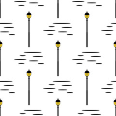Seamless pattern with street light black silhouettes isolated on white background. Modern and vintage street lights. Elements for landscape construction. Vector illustration for design, wrapping paper