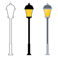 Outline, black silhouette, cartoon streen lights set isolated on white background. Vintage street lights. Elements for landscape construction. Vector illustration for any design.