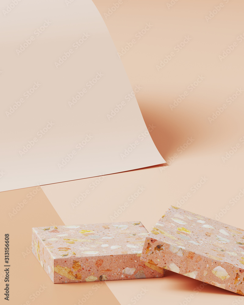 Poster minimal background for branding and product presentation. terrazzo on nude color paper roll backgrou