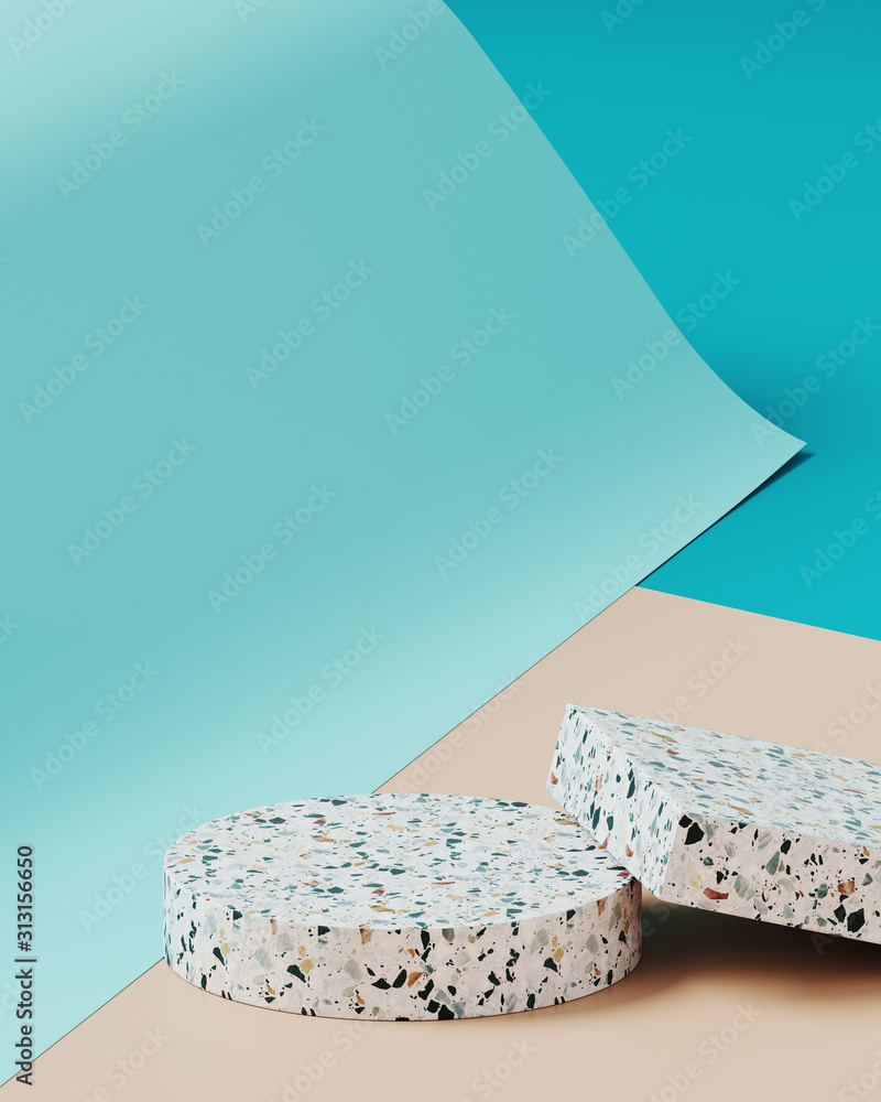 Poster minimal background for branding and product presentation. terrazzo on cream and blue color paper rol