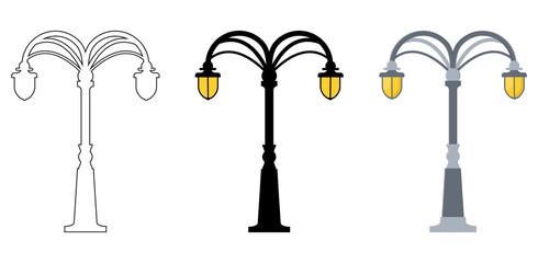 Outline, black silhouette, cartoon streen lights set isolated on white background. Vintage street lights. Elements for landscape construction. Vector illustration for any design.