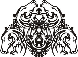  Peaked horse symbol with an eagles inside. A majestic tribal symbol representing power, formed by horse and eagle heads for your design. Black on White