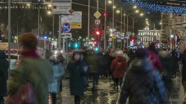 Crowds of people on the streets of the city on new year's holidays,  time lapse