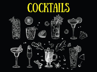 Alcoholic cocktails sketch. Нand drawn illustrations.