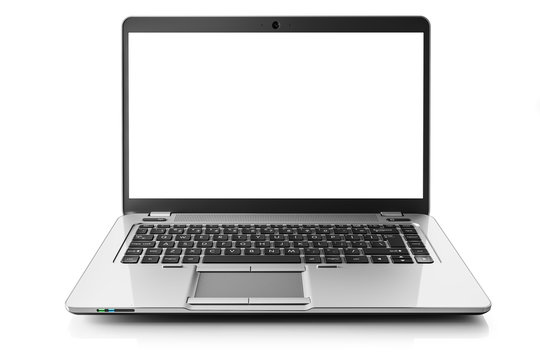 Silver laptop with blank white screen Isolated on a white background