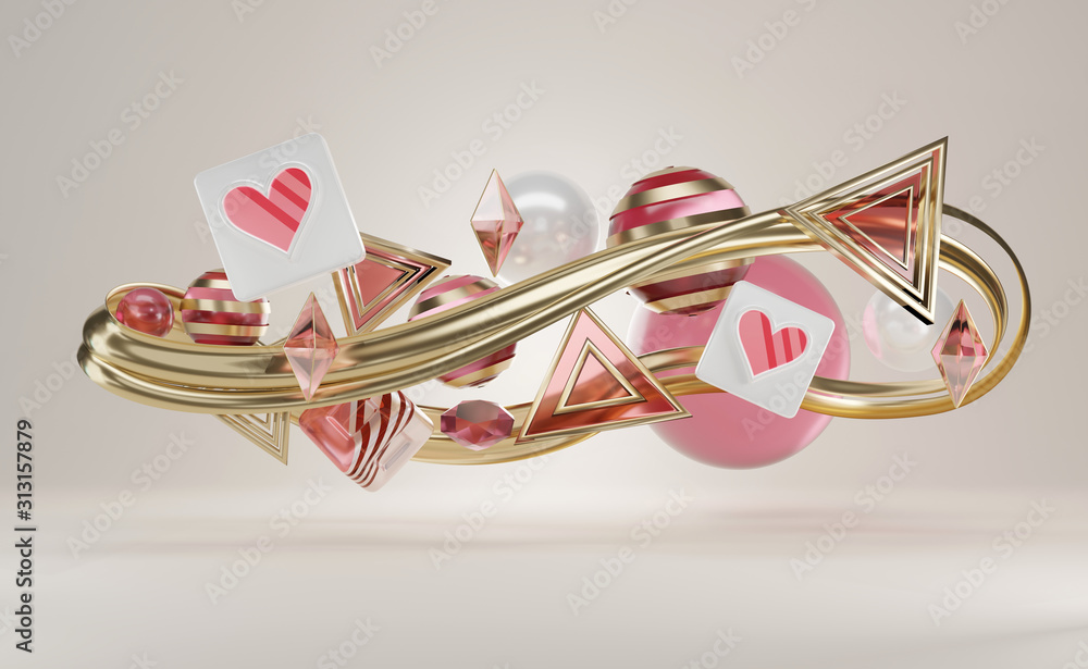 Poster group of abstract heart and objects is floating on soft pink light studio background colorful theme,
