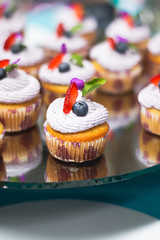 PEQUEÑO POSTRE DE VAINILLA CON UVA Y MENTA, ACOMPAÑADA DE CREMA PARA EVENTOS SOCIALES