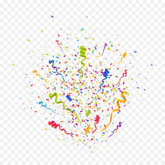 Confetti burst vector illustration. Color ribbons and streamers. Birthday party background