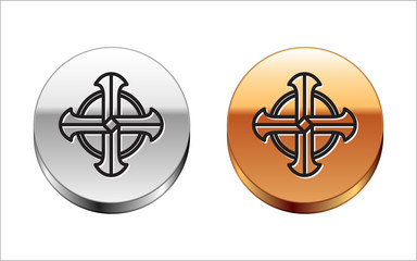 Black line Celtic cross icon isolated on white background. Happy Saint Patricks day. Silver-gold circle button. Vector Illustration