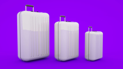 Three suitcases isolated on purple background, 3d illustration