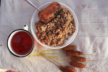 Delicious and beautiful field breakfast lies on a white tablecloth
