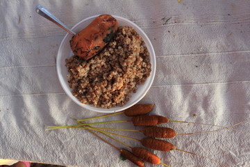 Delicious field breakfast lies on a white tablecloth
