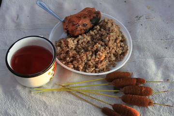 Tasty breakfast lies on a white tablecloth