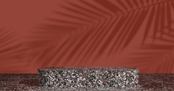 Cosmetic background for product presentation. Black and brown terrazzo podium on  red background with loop motion shadow of leaf. 4k UHD 3d render animation illustration.