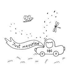 Cats wedding. Just married. Accessories of the bride and groom, wedding gifts. Toast to us. Wedding cake and wedding car. Lovely cats. Cute hand drawn stock vector illustration in doodle style.  