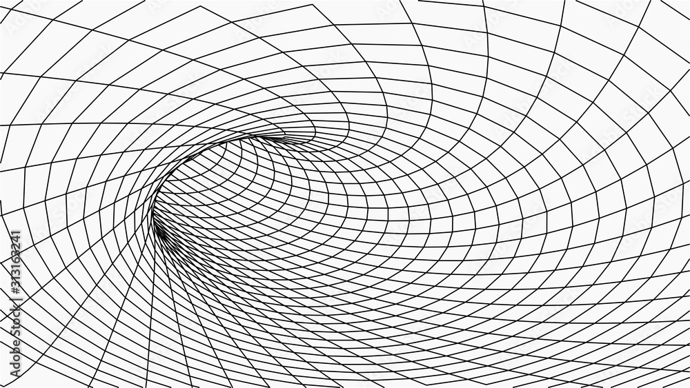 Poster abstract tunnel. vector wormhole. 3d corridor mesh.