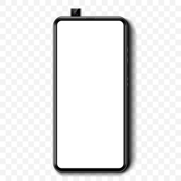 Smartphone with blank screen, retractable camera and shadow on isolated background, vector illustration