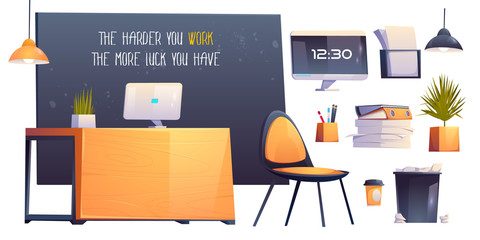 Modern office room interior with desk, computer and chair. Vector cartoon workplace and furniture for business, education or work, wood table, quote on blackboard and papers