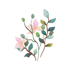 cute flowers with branches and leafs isolated icon
