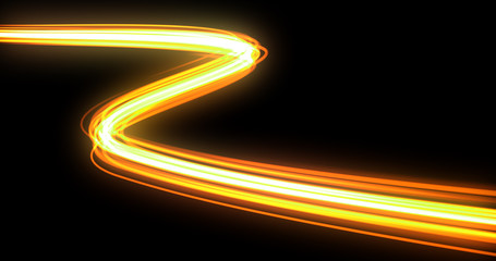 Light wave with trail path, orange neon glowing flash trace. Car lights trace effect, optic fiber glow and magic bright light in motion curve on black background - obrazy, fototapety, plakaty