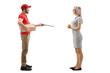Delivery man handing over a package to a young woman