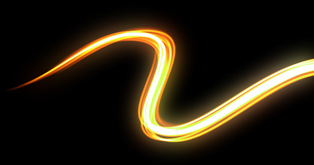 Light wave curve trail path, yellow bright neon glowing flash trace, car lights trace and fire flare effect. Optic fiber glow and magic light swirl spin in motion on black background