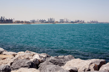 Dubai, UAE, The construction of high-rise buildings in Dubai. View from the Blue Water Island