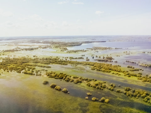 Top view of the oil and gas field. Wetlands and entrances to ind