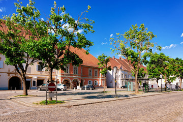 Main square in small spa town on thermal springs Bad Radkersburg in Styria in Austria. Street view in Austrian city. Building architecture.