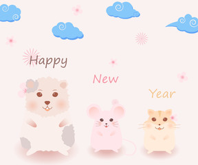 Happy new year background. Guinea pig, mouse, hamster and flower with cloud chinese on pastel color background.