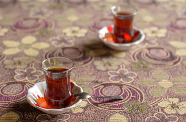 traditional Turkish tea on a wooden table
