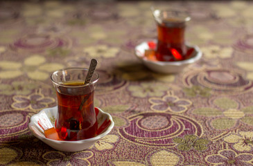 traditional Turkish tea on a wooden table