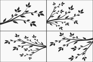 Set of silhouette of a branch with leaves. Young tree. 