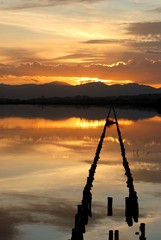 Sunset on the saline in Molentargius Park Cagliari Italy, gold clouds are reflected in water.