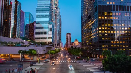 City life hyper lapse in downtown Los Angeles. Los Angeles financial district from day to night. 