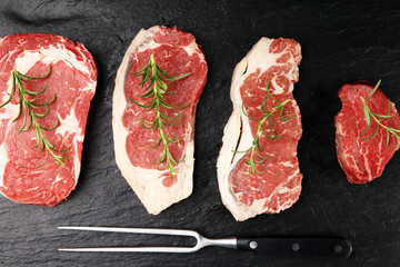 Variety Steak raw. Barbecue Rib Eye Steak, dry Aged Wagyu Entrecote Steak.