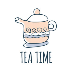 Teat time kettle cartoon doodle vector stock icon in flat style. Decoration kitchenware element Isolated on white background. Flat design. Vector illustration.