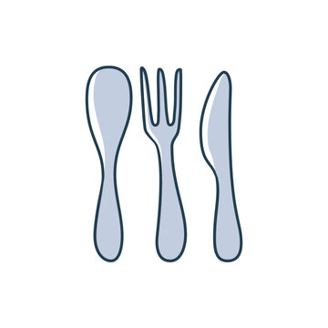 Spoon, knife and fork cartoon doodle vector stock icon in flat style. Decoration kitchenware element Isolated on white background. Flat design. Vector illustration