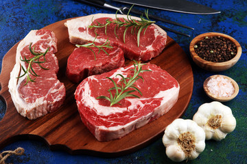 Variety Steak raw. Barbecue Rib Eye Steak, dry Aged Wagyu Entrecote Steak.