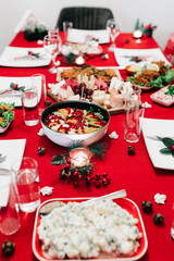 Christmas dinner table with traditional Turkish Cuisine food and red new year concept.	

