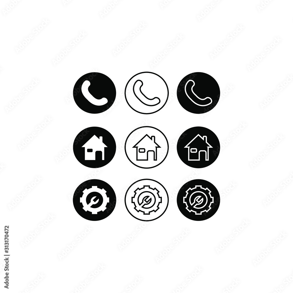 Poster minimalist black and white phone icon set. call, home and setting using basic circle flat design. ph