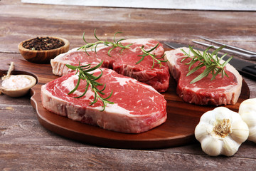Variety Steak raw. Barbecue Rib Eye Steak, dry Aged Wagyu Entrecote Steak.